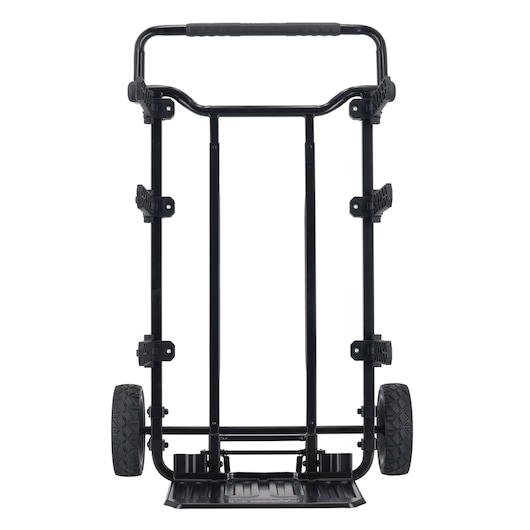 A black DEWALT hand truck with two large wheels and a flat base for carrying items, shown facing forward against a white background.