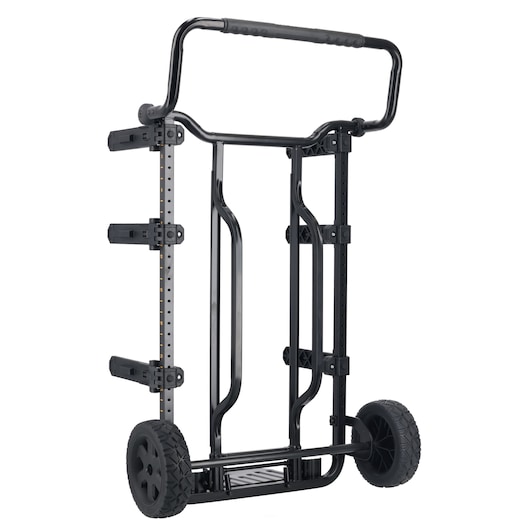 A black DEWALT folding hand truck with two large wheels and multiple adjustable brackets, designed for transporting heavy items.