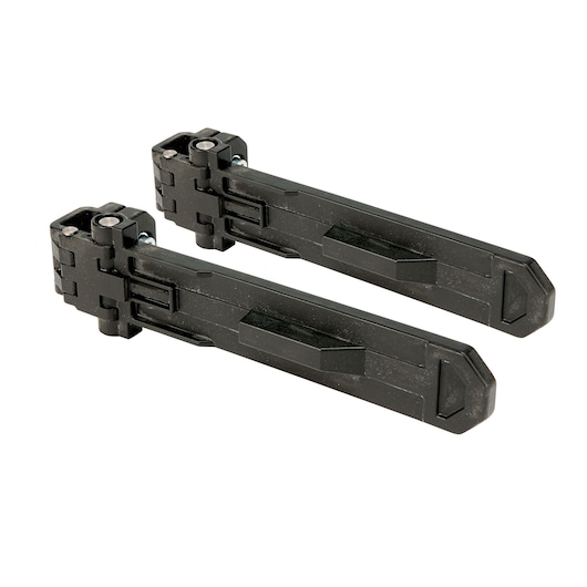 Two black DEWALT plastic mounting brackets for photography equipment, shown side by side on a white background.