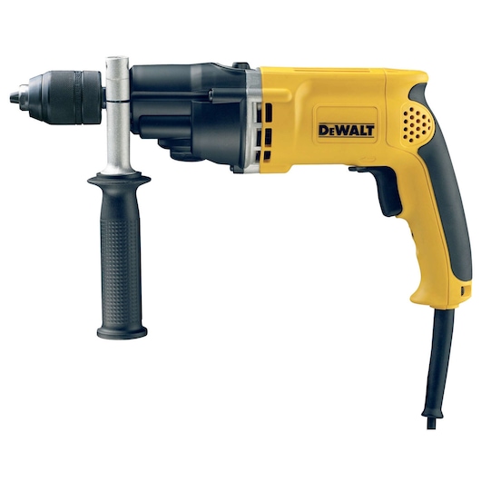 A DEWALT electric drill with a yellow and black handle, side grip, and cord, shown against a white background.