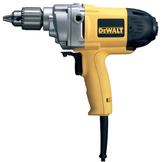 A DEWALT corded electric drill with a yellow and black body, featuring a metal chuck and a trigger handle.