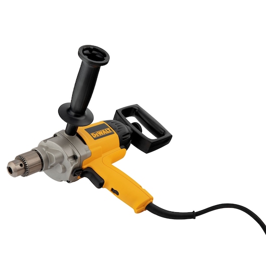 DEWALT corded drill with dual handles, metal chuck, yellow and black body, coiled power cord.