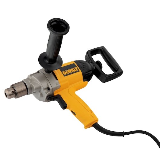 DEWALT corded drill with side handle and pistol grip, shown on a white background.
