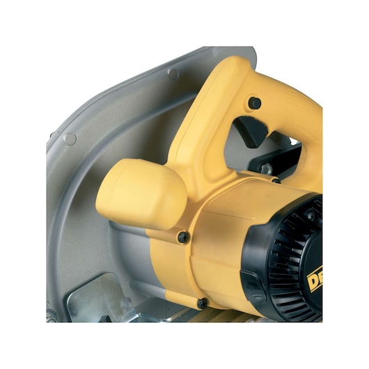 Close-up of DEWALT saw handle, SKUs D23700, D23700-QS, photography category.