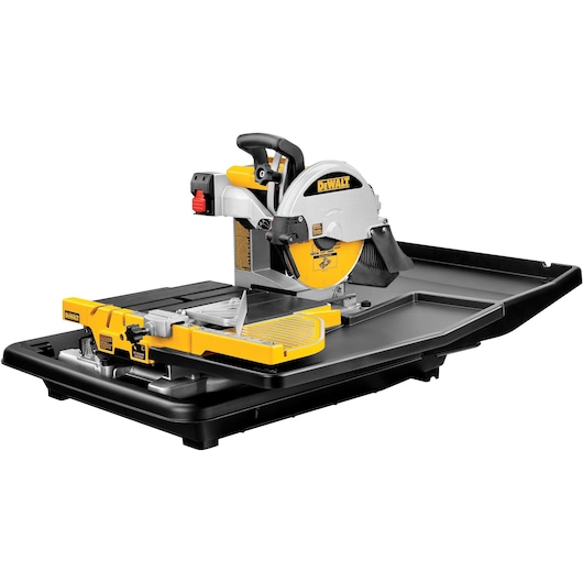 A DEWALT D24000 tile saw with a sliding table, yellow and black design, used for precise cutting of tiles.