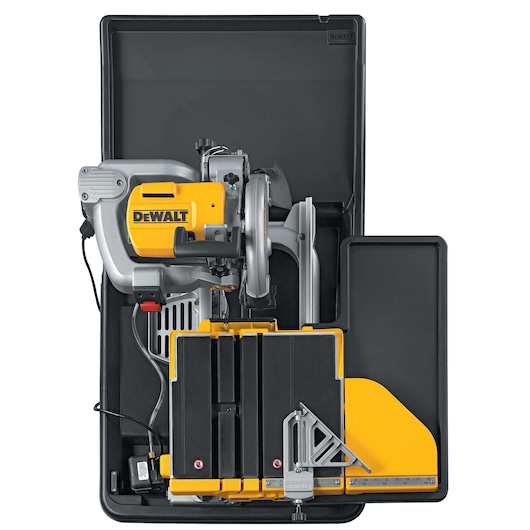 DEWALT D24000 wet tile saw with yellow and black design shown in a protective case, viewed from above.