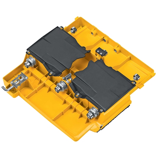 Yellow DEWALT tile saw tray with black covers and metal parts, shown on a white background.
