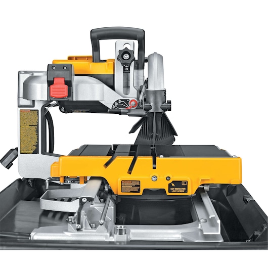 A DEWALT D24000 tile saw with a yellow and silver design, shown from the front on a white background.