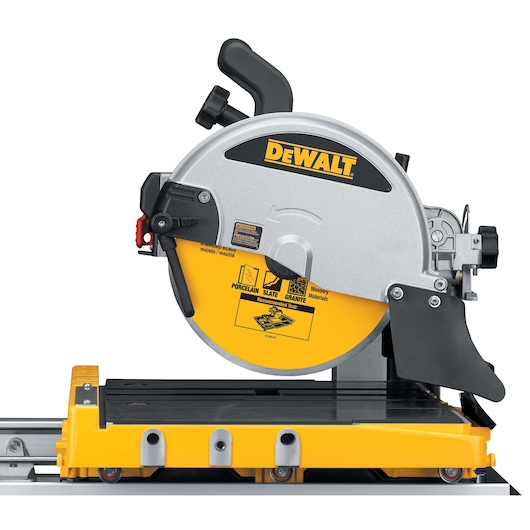 DEWALT D24000 tile saw with yellow blade and sliding base, used for cutting tiles and masonry materials.