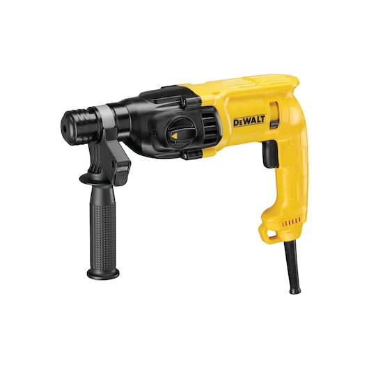 A yellow and black DEWALT corded rotary hammer drill with a side handle, photographed on a white background.