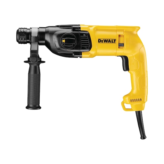 A yellow and black DEWALT corded rotary hammer drill with an auxiliary handle, shown against a white background.