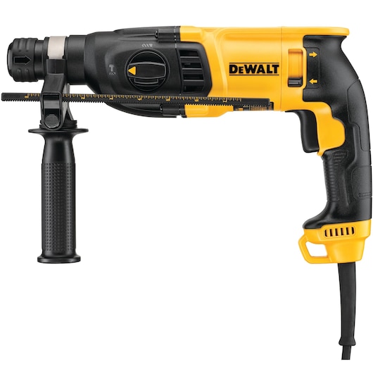 A DEWALT D25133K corded rotary hammer drill with a black and yellow design, featuring a side handle and depth gauge.