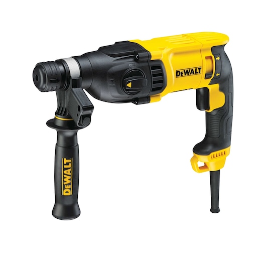 A yellow and black DEWALT corded rotary hammer drill with an ergonomic handle and auxiliary side grip, shown against a white background.
