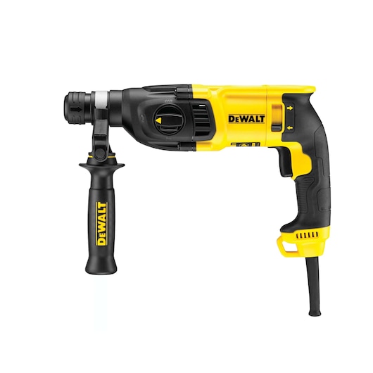 A DEWALT corded rotary hammer drill with a side handle, shown in yellow and black color.