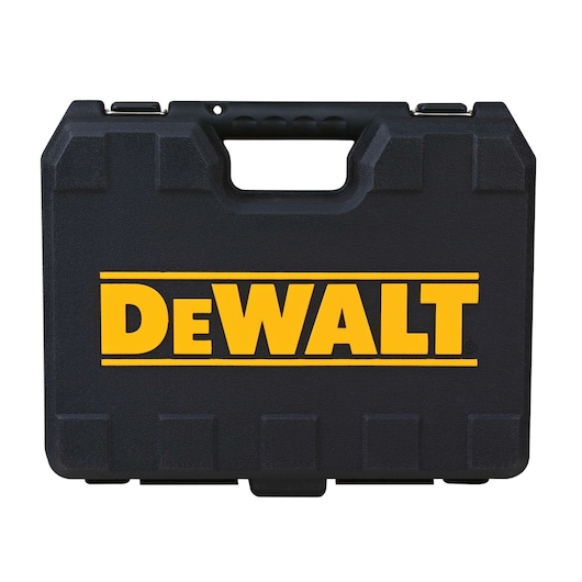 A black hard plastic carrying case with a large yellow DEWALT logo on the front, featuring a built-in handle on top.