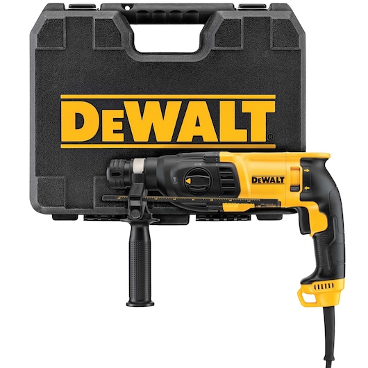 A yellow and black DEWALT rotary hammer drill with a side handle is displayed in front of a black DEWALT carrying case.