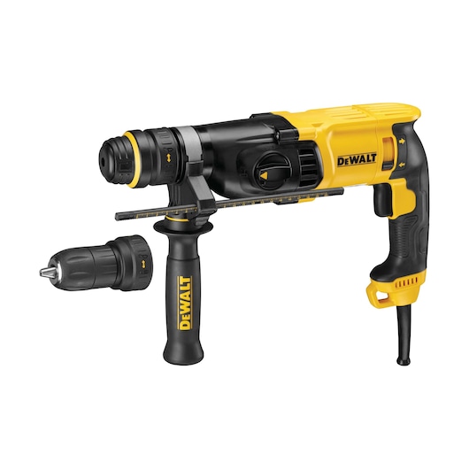 DEWALT corded rotary hammer drill with side handle and an extra chuck attachment.