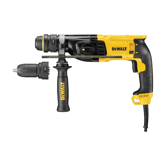 A DEWALT corded rotary hammer drill with a black and yellow design, featuring a side handle and a depth gauge rod, shown with an interchangeable chuck attachment.