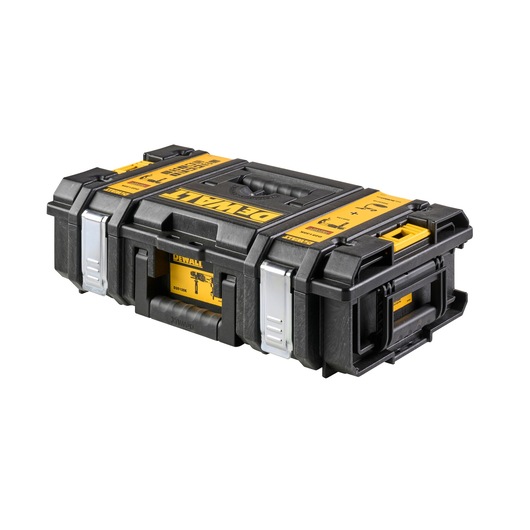 DEWALT black and yellow hard tool case with handle and metal latches, suitable for storing power tools.