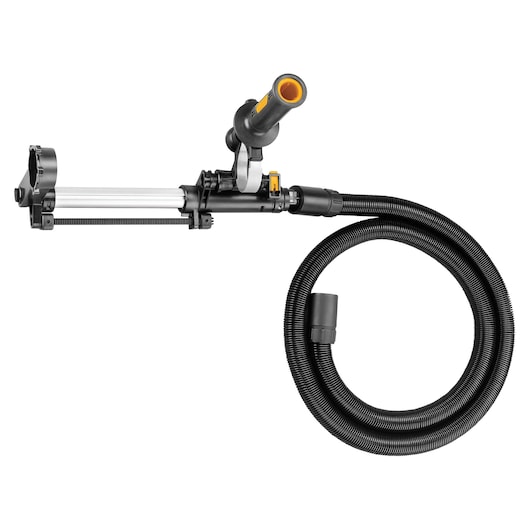 DEWALT D25301 dust extraction attachment for rotary hammer drills, with a long flexible hose and adjustable arm, shown against a white background.