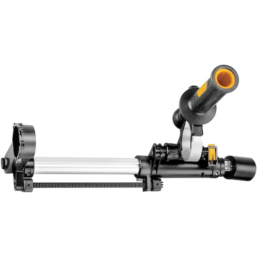 A close-up of a DEWALT detachable dust extraction unit, designed for use with compatible rotary hammer tools. The unit features a cylindrical nozzle, an adjustable arm, and a mounting bracket.