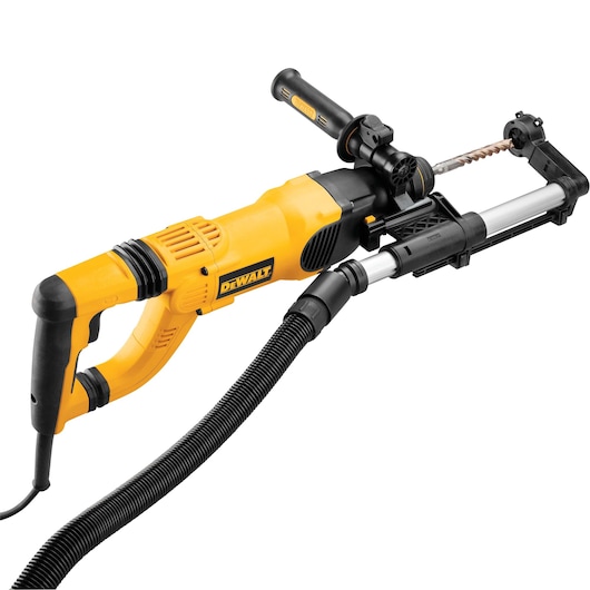 A yellow and black DEWALT power drill with an attached dust extraction system, suitable for professional use in construction or DIY projects.