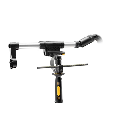 DEWALT D25301D dust extraction attachment with handle and measuring rod on white background.