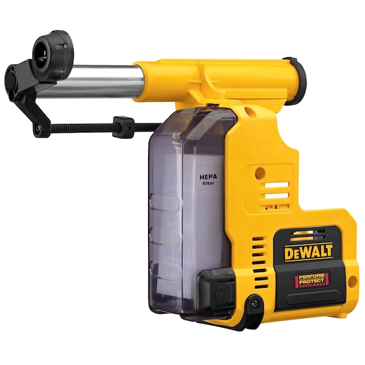 DEWALT D25303DH yellow and black dust extraction attachment for drills, featuring a HEPA filter and clamp mechanism, designed for collecting dust during drilling.