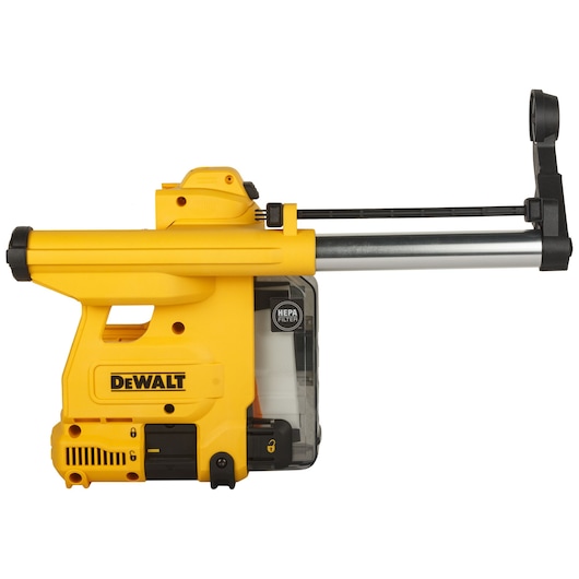 Yellow DEWALT D25304DH dust extraction attachment with HEPA filter for power tools, side view.