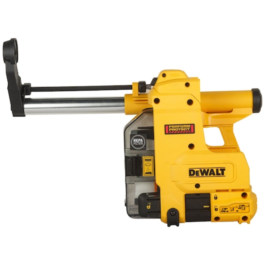 Yellow DEWALT D25304DH dust extractor attachment for drills with HEPA filter, designed for efficient dust collection.