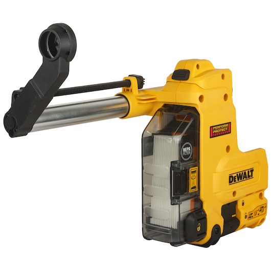 DEWALT D25304DH yellow dust extraction attachment for drills, featuring HEPA filter and clamp arm.