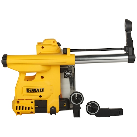 A DEWALT D25304DH yellow dust extraction unit for drills, featuring a HEPA filter and adjustable components, shown against a white background.