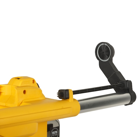 Close-up of DEWALT D25304DH dust extraction tool with HEPA filter and adjustable arm for drill attachment.