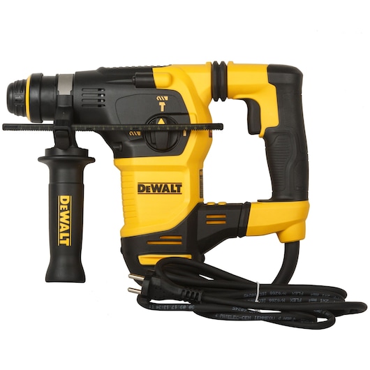 DEWALT electric rotary hammer drill with side handle and power cord, black and yellow design.