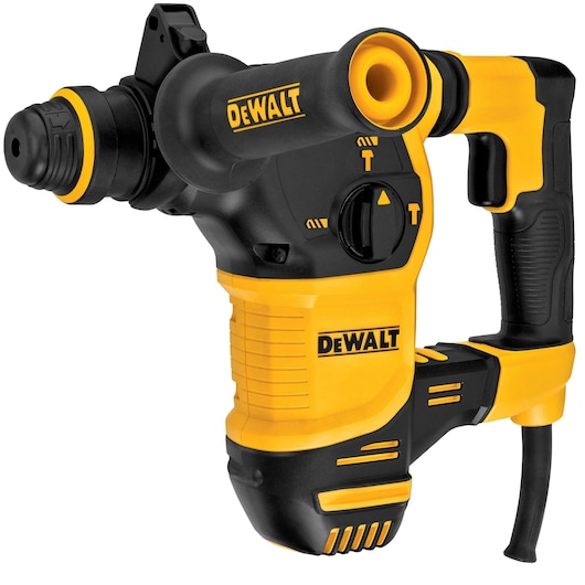 A DEWALT branded rotary hammer drill with a yellow and black body, featuring a side handle and a settings dial for different functions.
