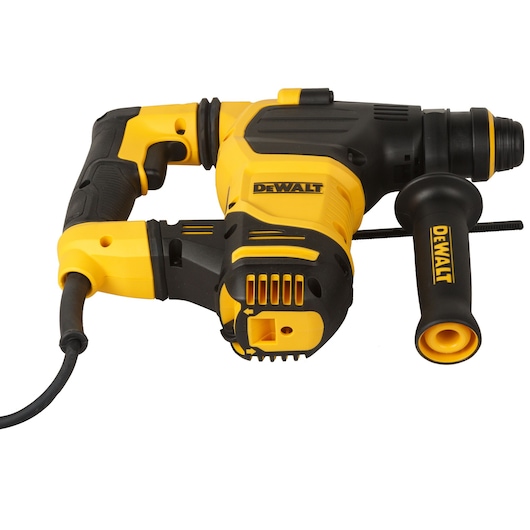 Yellow and black DEWALT rotary hammer drill with side handle and power cord, model D25333K.