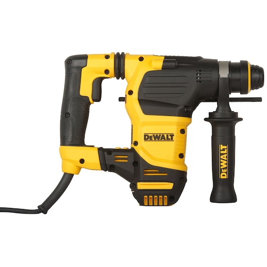Corded DEWALT rotary hammer drill with side handle, yellow and black, suitable for heavy-duty construction work.