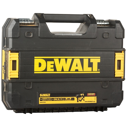 DEWALT D25333K black carrying case with yellow logo and handle, designed for storing tools or equipment.