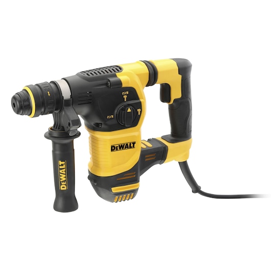 A DEWALT branded yellow and black corded rotary hammer drill with a side handle, shown against a white background.