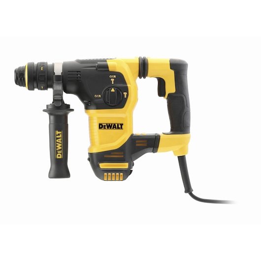 A DEWALT branded yellow and black corded rotary hammer drill with side handle, designed for heavy-duty drilling tasks.