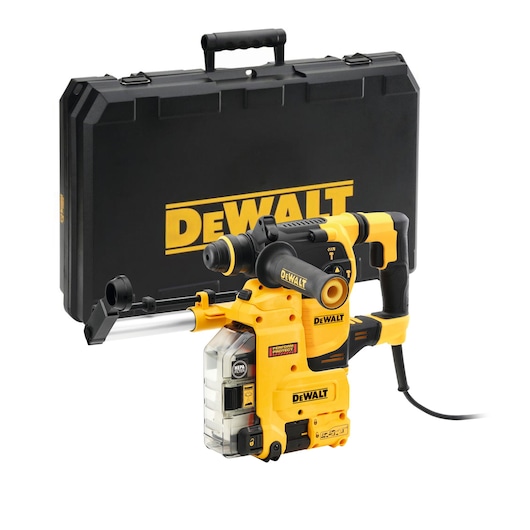 A DEWALT branded yellow and black rotary hammer drill with dust extraction system, shown in front of a black DEWALT carrying case.