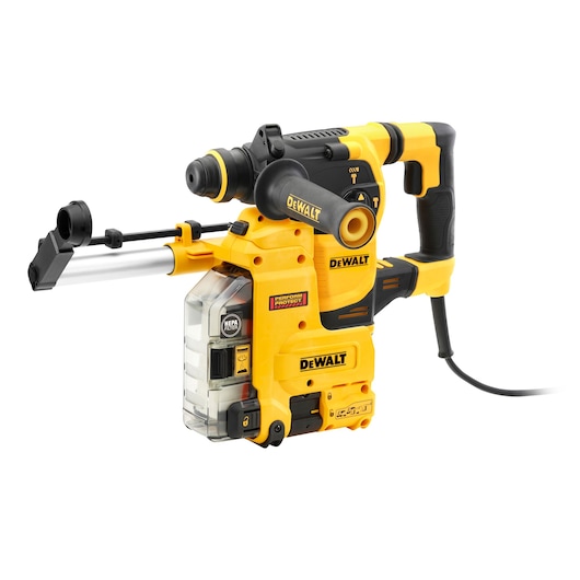 A DEWALT electric rotary hammer drill with an integrated dust extraction system, designed for heavy-duty construction tasks. The tool is yellow and black with visible handles, trigger, and dust collection chamber.