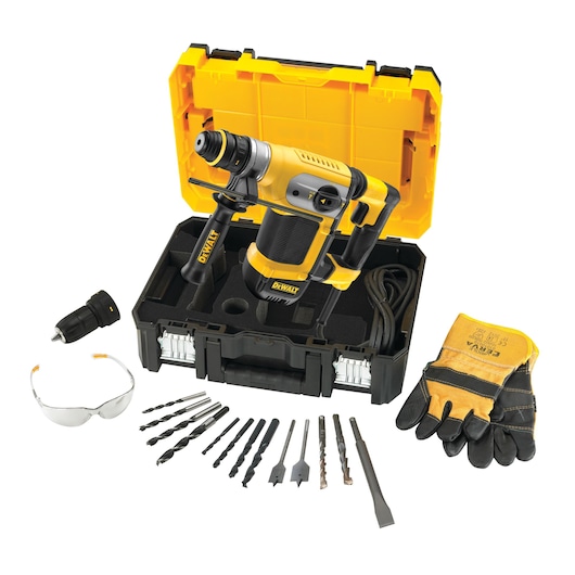 DEWALT rotary hammer drill kit with a yellow and black power drill, various drill bits, a protective case, safety glasses, work gloves, and accessories arranged neatly.