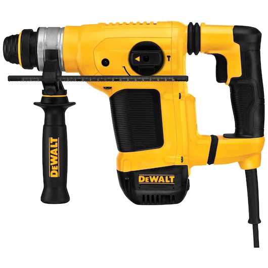 A DEWALT branded yellow and black rotary hammer drill with a side handle and power cord, shown in a side view.