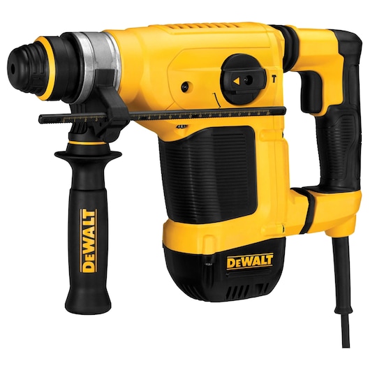A yellow and black DEWALT corded rotary hammer drill with side handle and depth gauge, model D25430K.