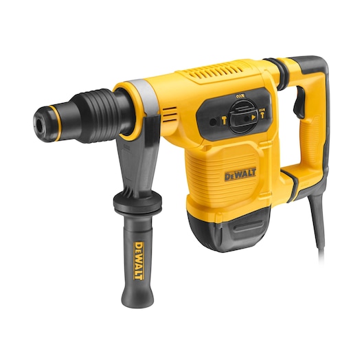 Yellow DEWALT rotary hammer drill with side handle, suitable for heavy-duty construction tasks.