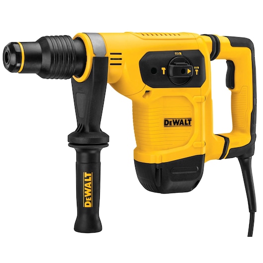 Yellow DEWALT rotary hammer drill with side handle and power cord, model D25481K, for construction and photography.