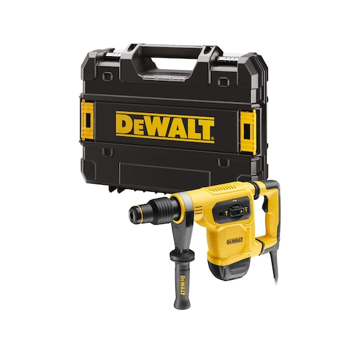 A yellow and black DEWALT rotary hammer drill with an auxiliary handle, shown in front of a black DEWALT-branded carrying case.