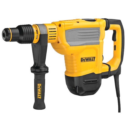A DEWALT branded electric rotary hammer drill with a yellow and black body, ergonomic handle, and side grip, designed for heavy-duty construction work.