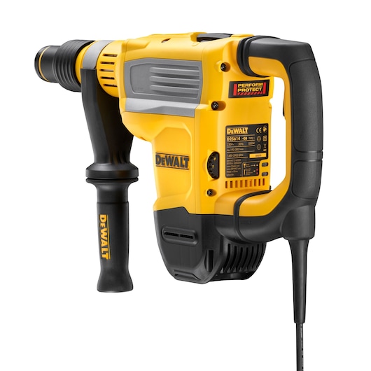 A yellow and black electric demolition hammer from DEWALT, model D25614K, featuring a side handle and ergonomic grip design.